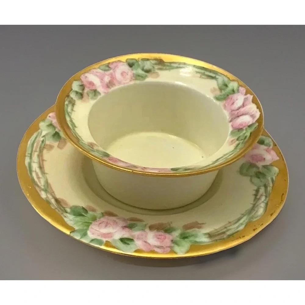 Antique Ramekin and Saucer Weimar Regency Side Dish Hand Painted Gold Rose VTG